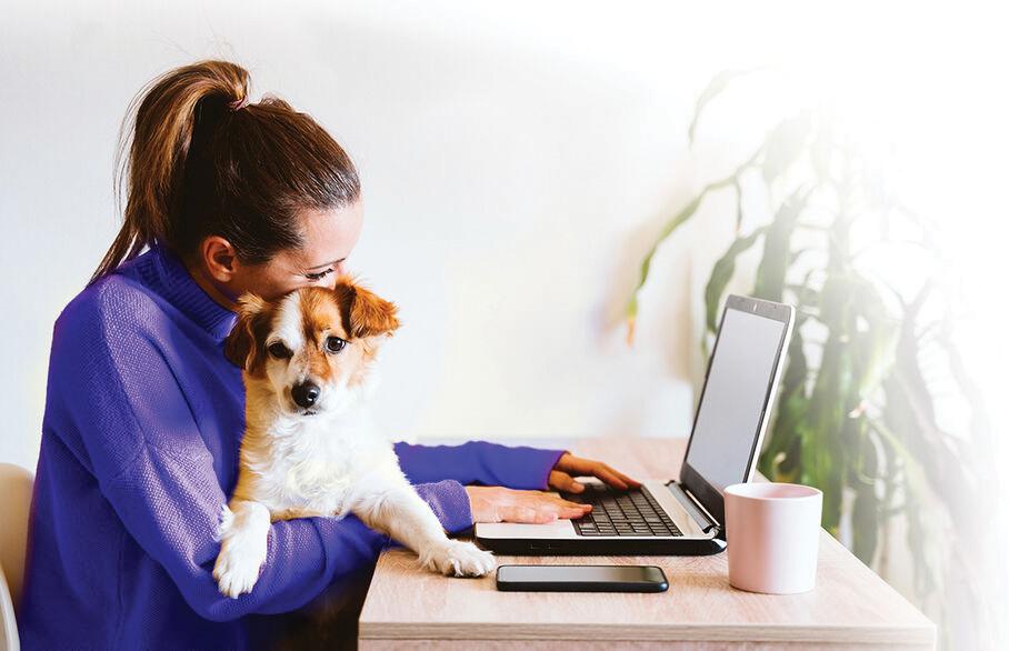 girl with dog at laptop